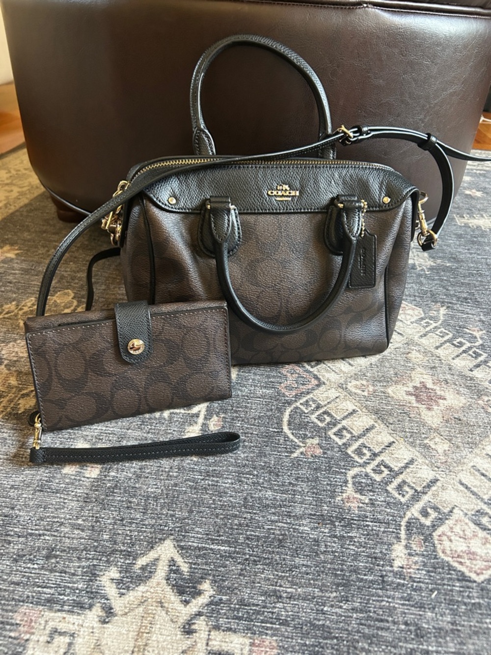Coach Dark Brown and Black Signature Mini Bennett Satchel with Wristlet Wallet